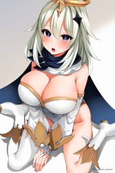 Rule 34 | 1girl, alternate breast size, boots, breasts, cleavage, commentary request, genshin impact, grey background, hair between eyes, hair ornament, halo, large breasts, looking at viewer, marota, open mouth, paimon (genshin impact), purple eyes, short hair, single thighhigh, sitting, solo, thighhighs, thighs, twitter username, white footwear, white hair, white thighhighs