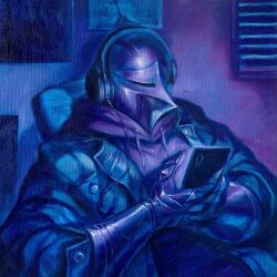 Rule 34 | 1other, ambiguous gender, armor, blue theme, cellphone, full armor, full body, gauntlets, headphones, helm, helmet, highres, holding, holding phone, hood, hood down, hoodie, indoors, oil painting (medium), original, painting (medium), phone, sitting, sleepysolaire, smartphone, solo, surreal, traditional media, upper body