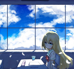 Rule 34 | 10s, 1girl, aqua eyes, artist request, blonde hair, chair, classroom, cloud, cloudy sky, desk, feathers, gabriel dropout, glass, halo, highres, looking at viewer, paper, pencil, pencil case, school, school uniform, serafuku, sitting, sky, smile, solo, star (sky), starry sky, gabriel tenma white