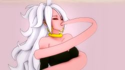 Rule 34 | 10s, 1girl, 3d, android, android 21, animated, arc system works, artist request, autofellatio, bare shoulders, bdsm, black sclera, black sleeves, black tube top, bondage, bound, bound torso, breasts, cel shading, coiled, collar, colored sclera, colored skin, curvy, dark persona, detached sleeves, dragon ball, dragon ball fighterz, earrings, fellatio, female focus, female masturbation, highres, hoop earrings, jewelry, large breasts, long hair, long tail, looping animation, majin android 21, masturbation, oral, pink background, pink skin, pointy ears, red eyes, self bondage, simple background, solo, source filmmaker (medium), standing, strapless, sucking tail, tail, tube top, video, white hair