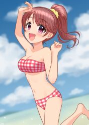 Rule 34 | 1girl, arm up, bikini, blue sky, blurry, blurry background, blush, breasts, brown hair, checkered bikini, checkered clothes, cleavage, cloud, collarbone, commentary request, day, hand up, highres, idolmaster, idolmaster cinderella girls, leg up, long hair, looking at viewer, medium breasts, navel, ocean, open mouth, outdoors, pink eyes, ponytail, red bikini, scrunchie, shiina noriko, sky, smile, solo, stomach, strapless, strapless bikini, swimsuit, thighs, water drop, wgm oekaki, yellow scrunchie