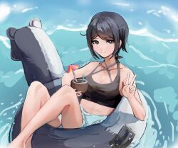 Rule 34 | 1girl, afloat, artist name, bikini, bikini top only, black hair, blush, bra, breasts, chuzza, cleavage, closed mouth, coconut, collarbone, cup, danganronpa: trigger happy havoc, danganronpa (series), drink, drinking straw, feet together, female focus, floating, floating object, freckles, grey eyes, hand up, holding, holding cup, ikusaba mukuro, innertube, knees apart feet together, knees up, legs, looking at viewer, medium breasts, monokuma, ocean, outdoors, palms, parted bangs, short hair, shorts, signature, smile, solo, swim ring, swimsuit, umbrella, underwear, v, water