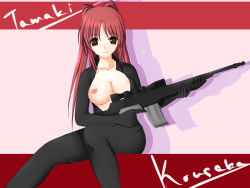 Rule 34 | 1girl, :3, artist request, bodysuit, breasts, breasts out, gun, highres, kousaka tamaki, large breasts, nipples, open clothes, rifle, smile, sniper rifle, to heart (series), to heart 2, weapon