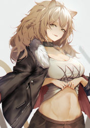 Rule 34 | 1girl, absurdres, animal ears, arknights, bare shoulders, blonde hair, breasts, brown eyes, choker, cleavage, clothes lift, collar, collarbone, cowboy shot, fur trim, hair between eyes, highres, jacket, joehongtee, large breasts, lion ears, lion tail, long hair, looking at viewer, navel, shirt lift, shorts, siege (arknights), solo, stomach, tail, tank top, toned