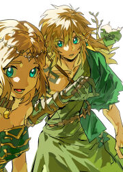 1boy 1girl absurdres aqua_eyes belt blonde_hair choker circlet dress earrings hair_between_eyes hashtag-only_commentary highres jewelry korok link long_hair looking_at_viewer nintendo open_mouth pointy_ears princess_zelda prosthesis prosthetic_arm short_hair simple_background the_legend_of_zelda the_legend_of_zelda:_tears_of_the_kingdom white_background xi_luo_an_ya