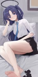 Rule 34 | 1girl, absurdres, barefoot, black skirt, black socks, blue archive, blue necktie, blush, closed mouth, collared shirt, halo, highres, long hair, mechanical halo, necktie, pillow, pleated skirt, purple eyes, purple hair, sei (0724sei6), shirt, sitting, skirt, socks, soles, solo, toes, two side up, unworn socks, white shirt, yuuka (blue archive)