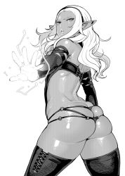Rule 34 | 1girl, ass, breasts, bustier, butt crack, commentary request, cowboy shot, dark-skinned female, dark skin, detached sleeves, elf-san wa yaserarenai., from behind, greyscale, hairband, highres, hip focus, huge ass, incoming attack, kuroeda-san, large breasts, long hair, looking at viewer, looking back, magic, micro panties, mole, mole under eye, monochrome, o-ring, o-ring bottom, o-ring panties, outstretched arm, panties, parted lips, pointy ears, simple background, skindentation, solo, sparks, standing, synecdoche, thick thighs, thighhighs, thighs, underwear, white background, wide hips