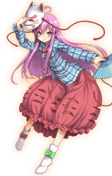 Rule 34 | 1girl, :o, blush, bow, bubble skirt, expressionless, hand fan, folding fan, fox mask, hata no kokoro, highres, long hair, long sleeves, looking at viewer, mask, open mouth, pink eyes, pink hair, plaid, plaid shirt, shirt, simple background, skirt, solo, touhou, uousa-ou, very long hair