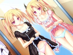 Rule 34 | 2girls, blonde hair, blue panties, blush, clothes lift, dress, dress lift, embarrassed, frilled panties, frills, lace, lace-trimmed panties, lace trim, magus tale, mirror, multiple girls, nina geminis, panties, pink panties, purple eyes, rena geminis, ribbon, siblings, sisters, tenmaso, twins, twintails, underwear