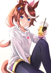 Rule 34 | 1girl, :d, alternate costume, animal ears, black leggings, blue eyes, blush, bow, brown hair, cup, drink, hair bow, hair flaps, hair ornament, high ponytail, highres, holding, holding cup, hood, hoodie, horse ears, horse girl, horse tail, leggings, long hair, long sleeves, looking at viewer, multicolored hair, open mouth, pants, pants rolled up, ponytail, shorts, simple background, sitting, sky cappuccino, smile, solo, straw, streaked hair, swept bangs, tail, tokai teio (umamusume), two-tone hair, umamusume, white background, white hair, white hoodie