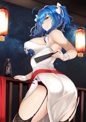 Rule 34 | 1girl, absurdres, ahoge, arched back, ass, azur lane, bare shoulders, black panties, black thighhighs, blue hair, bottle, bow, braid, breasts, bridal gauntlets, china dress, chinese clothes, cleavage cutout, clothing cutout, dress, folded fan, folding fan, from behind, garter straps, hair bow, hair ornament, halterneck, hand fan, highres, holding, holding fan, indoors, kaorihero, lace, lace-trimmed legwear, lace trim, lantern, large breasts, long hair, looking at viewer, looking back, panties, panty peek, paper lantern, railing, red eyes, red ribbon, ribbon, sake bottle, side slit, sky, sleeveless, smile, solo, st. louis (azur lane), st. louis (blue and white pottery) (azur lane), standing, star (sky), starry sky, thighhighs, twin braids, twintails, twisted neck, underwear