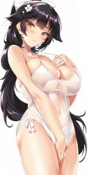 Rule 34 | 1girl, azur lane, between legs, black hair, blush, bow, breasts, brown eyes, casual one-piece swimsuit, cle masahiro, cleavage, commentary request, covered navel, covering crotch, covering privates, cowboy shot, criss-cross halter, flower, frown, hair bow, hair flaps, hair flower, hair ornament, halterneck, hand between legs, hand on own chest, large breasts, long hair, looking at viewer, one-piece swimsuit, ponytail, simple background, skindentation, solo, strap gap, sweatdrop, swimsuit, takao (azur lane), takao (beach rhapsody) (azur lane), very long hair, wavy mouth, white background, white one-piece swimsuit