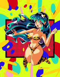 Rule 34 | 1990s (style), 1girl, animal print, boots, breasts, cleavage, clenched hand, collarbone, green hair, hair behind ear, highres, horns, lum, medium breasts, navel, open hand, pointy ears, potiri02, purple eyes, retro artstyle, smile, solo, strapless, tiger print, tube top, urusei yatsura