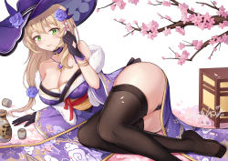 Rule 34 | 1girl, ass, bare shoulders, black gloves, black panties, black thighhighs, blonde hair, breasts, cherry blossoms, choker, cleavage, feather boa, genshin impact, gloves, green eyes, hat, highres, japanese clothes, jewelry, kimono, large breasts, lisa (genshin impact), long hair, long sleeves, looking at viewer, lying, necklace, no shoes, obi, off shoulder, on side, panties, panty peek, parted lips, pelvic curtain, petals, purple choker, purple hat, purple kimono, reclining, sash, smile, solo, thighhighs, thighs, underwear, wide sleeves, witch hat, yansuiyuluo