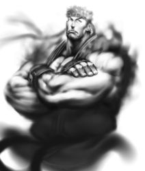 Rule 34 | bad id, bad pixiv id, capcom, chyko, crossed arms, greyscale, male focus, monochrome, muscular, ryu (street fighter), solo, street fighter