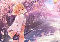 Rule 34 | 1girl, :3, absurdres, animal ears, bag, blonde hair, blush, breasts, cherry blossoms, closed mouth, clothes lift, cowboy shot, daefny, day, floral print, from behind, grass, hair between eyes, handbag, highres, holding, holding bag, jewelry, lantern, lifting own clothes, long sleeves, looking at viewer, medium breasts, necklace, orange skirt, original, outdoors, petals, purple eyes, rabbit ears, rabbit girl, rabbit tail, short hair, skirt, skirt lift, sky, smile, solo, standing, sweater, tail, water drop, white sweater