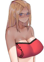 Rule 34 | 1girl, absurdres, bangs pinned back, bare arms, bare shoulders, bespectacled, blonde hair, blue eyes, blush, breasts, cleavage, closed mouth, collarbone, commentary, crop top, embarrassed, english commentary, glasses, hair ornament, hairclip, highres, inne sensei, inne sulistya robin, large breasts, long hair, looking at viewer, midriff, norman maggot, original, red shirt, shirt, sidelocks, simple background, solo, strapless, sweatdrop, teacher, white background