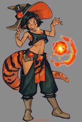Rule 34 | 1girl, absurdres, artist name, belt, black hair, boots, breasts, bumblesteak, fire, fireball, full body, grey background, hat, highres, lizard tail, looking at viewer, nose, open hand, orange eyes, original, solo, standing, tail, witch hat