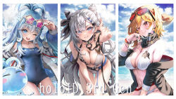 Rule 34 | 3girls, ;d, arm up, bare shoulders, beach, bent over, bikini, black jacket, blonde hair, blue eyes, blue hair, blue one-piece swimsuit, blush, bracelet, breasts, brown eyes, cleavage, closed mouth, cloud, collarbone, commentary, cone hair bun, cowboy shot, crossover, day, double bun, earrings, english commentary, eyewear on head, grey hair, hair between eyes, hair bun, hair ornament, halterneck, hammer, highres, holding, holding hammer, hololive, hololive indonesia, jacket, jewelry, kaela kovalskia, kobo kanaeru, kubota masaki, large breasts, lens flare, long hair, long sleeves, looking at viewer, medium hair, midriff, mixed-language commentary, multi-tied hair, multicolored hair, multiple girls, navel, neck warmer, ocean, one-piece swimsuit, one eye closed, open clothes, open jacket, open mouth, outdoors, parted lips, puffy long sleeves, puffy sleeves, rimuru tempest, sand, sidelocks, sitting, sky, small breasts, smile, star-shaped eyewear, star (symbol), stomach, streaked hair, string bikini, sunglasses, swimsuit, tensei shitara slime datta ken, thighs, vestia zeta, virtual youtuber, wet, wet clothes, white bikini, white hair