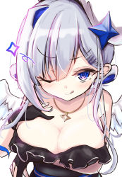 Rule 34 | 1girl, :q, absurdres, alternate breast size, amane kanata, arm under breasts, batarop, beret, blue eyes, blush, breasts, cleavage, gloves, hat, highres, hololive, jewelry, large breasts, looking at viewer, necklace, one eye closed, partially fingerless gloves, silver hair, smile, tongue, tongue out, virtual youtuber, wink