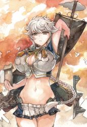 Rule 34 | 1044kiro, 10s, 1girl, arm up, braid, breasts, cloud print, female focus, highres, kantai collection, large breasts, long hair, machinery, mecha musume, midriff, miniskirt, navel, parted lips, shikigami, short sleeves, silver hair, single braid, skirt, solo, thighhighs, traditional media, unryuu (kancolle), very long hair, wavy hair, yellow eyes, zettai ryouiki