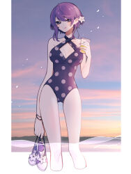Rule 34 | 1girl, :q, bad arm, bare arms, bare legs, bare shoulders, black one-piece swimsuit, border, bracelet, breasts, bright pupils, casual one-piece swimsuit, cleavage, covered navel, cropped legs, cup, flower, footwear flower, hair flower, hair ornament, halterneck, highres, holding, holding cup, holding shoes, jewelry, large breasts, licking lips, looking at viewer, maco22, medium breasts, ocean, one-piece swimsuit, original, outdoors, outside border, polka dot, polka dot swimsuit, purple eyes, purple hair, sandals, shoes, short hair, smile, solo, standing, swimsuit, tongue, tongue out, unworn sandals, wading, water, white border, white flower, white pupils