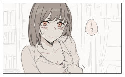 Rule 34 | 1girl, anotsugini kuruji, asymmetrical hair, blush, bookshelf, brown hair, character request, closed mouth, commentary request, curtains, door, embarrassed, highres, kantai collection, long hair, red eyes, shirt, speech bubble, sweatdrop, translation request, window