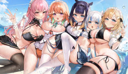 Rule 34 | 5girls, :d, alternate breast size, animal ears, ass, bikini, black bikini, black legwear, black one-piece swimsuit, black ribbon, black skirt, blonde hair, blue bikini, blue eyes, blue skirt, blush, bow, bowtie, breasts, cat ears, cleavage, closed mouth, day, detached collar, earrings, feather earrings, feathers, fins, fish tail, frilled bikini, frills, gawr gura, green ribbon, hair ornament, hololive, hololive english, holomyth, jewelry, large breasts, long hair, looking at viewer, machi (7769), maid, maid bikini, maid headdress, maid one-piece swimsuit, md5 mismatch, mole, mole under eye, mori calliope, multicolored hair, multiple girls, nail polish, navel, neck ribbon, ninomae ina&#039;nis, no shoes, one-piece swimsuit, open mouth, orange hair, parted lips, pink hair, pink nails, pleated skirt, purple eyes, purple hair, red bow, red bowtie, red eyes, resolution mismatch, ribbon, shark tail, short hair, side-tie bikini bottom, sidelocks, skindentation, skirt, small breasts, smile, source smaller, stomach, streaked hair, swimsuit, tail, takanashi kiara, tentacle hair, thigh strap, thighhighs, tiara, unconventional maid, v, very long hair, virtual youtuber, watson amelia, wet, white hair, white thighhighs, wrist cuffs