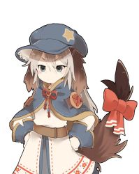 Rule 34 | &gt;:/, 1girl, animal ears, bad id, bad twitter id, belt, blue eyes, capelet, dog ears, dog tail, dress, frilled dress, frills, hands on own hips, hat, inactive account, konachiu, long hair, long sleeves, original, rei-chan (konachiu), ribbon, silver hair, simple background, solo, tail, tail ornament, tail ribbon, v-shaped eyebrows, white background