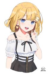 Rule 34 | :d, absurdres, bare shoulders, black skirt, blonde hair, blue eyes, bob cut, commentary, earrings, english commentary, frills, hair ornament, hairclip, hand on own face, heart, heart earrings, highres, hololive, hololive english, jewelry, light blush, looking at viewer, nacchiru, official alternate costume, official alternate hairstyle, open mouth, shirt, short hair, simple background, skirt, smile, teeth, upper body, upper teeth only, virtual youtuber, watson amelia, watson amelia (street casual), white background, white shirt, zipper, zipper pull tab