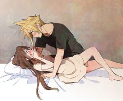 Rule 34 | 1boy, 1girl, aerith gainsborough, barefoot, bed sheet, blonde hair, blue eyes, blush, bracelet, breasts, brown background, brown hair, cloud strife, covering own mouth, dress, final fantasy, final fantasy vii, foot out of frame, green eyes, grey shirt, hair down, jewelry, krudears, long hair, looking at another, lying, medium breasts, on back, on bed, pillow, ring, shirt, short dress, short hair, short sleeves, sidelocks, spiked hair, sweatdrop, t-shirt, upper body