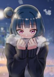 Rule 34 | 1girl, black sweater, blue hair, blurry, blurry background, blush, breath, clenched hands, covering own mouth, deadnooodles, grey scarf, hair bun, hands up, highres, long hair, long sleeves, looking at viewer, love live!, love live! sunshine!!, night, outdoors, purple eyes, scarf, side bun, single side bun, solo, sweater, tsushima yoshiko, upper body, winter, winter clothes