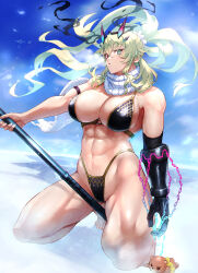 Rule 34 | 1girl, bare shoulders, blonde hair, breasts, cleavage, barghest (fate), fairy knight gawain (ice warrior) (fate), fate/grand order, fate (series), green eyes, heterochromia, highres, horns, large breasts, long hair, looking at viewer, orion (bear) (fate), otsukemono, red eyes, revealing clothes, solo, thighs