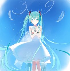 Rule 34 | 1girl, 39, absurdly long hair, aqua eyes, aqua hair, artist name, bare legs, bare shoulders, blue eyes, blue hair, blue sky, cloud, dress, feathers, female focus, fuyuria, hatsune miku, highres, holding, long hair, neck ribbon, outdoors, parted lips, ribbon, shoulder tattoo, skirt, sky, smile, solo, star tattoo, tattoo, twintails, very long hair, vocaloid, white dress, white feathers, white ribbon, white skirt