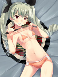 Rule 34 | 10s, 1girl, anchovy (girls und panzer), bad id, bad pixiv id, bikini, bikini shorts, breasts, cleavage, cowboy shot, drill hair, emblem, girls und panzer, grin, highres, leaning to the side, long hair, nksk, ooarai (emblem), red eyes, riding crop, short shorts, shorts, silver hair, smile, solo, standing, swimsuit, twin drills, twintails, v-shaped eyebrows, whip, yellow bikini