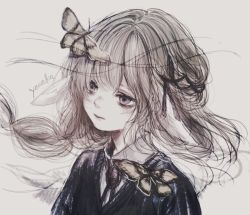 Rule 34 | 1girl, artist name, braid, brown eyes, brown hair, bug, butterfly, closed mouth, expressionless, facing to the side, highres, insect, long hair, looking afar, monarch butterfly, orange butterfly, original, paper, scar, signature, sketch, solo, yonaka (yolu sekai)