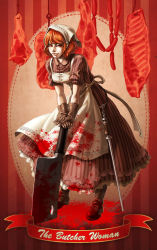 Rule 34 | 1girl, apron, arm support, bad id, bad pixiv id, blood, blood on clothes, boots, cleaver, dress, english text, food, full body, gloves, head scarf, highres, hook, lace, lace-trimmed dress, lace trim, leaning forward, lips, looking at viewer, meat, orange eyes, orange hair, original, sausage, solo, standing, striped clothes, striped dress, tanagawa makoto, vampire, vertical-striped clothes, vertical-striped dress