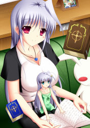 Rule 34 | 2girls, :t, ak@tsuki, belt, blue eyes, blush, book, book of the azure sky, breasts, casual, cleavage, contemporary, couch, green upholstery, hair ornament, heart, jewelry, large breasts, long hair, lyrical nanoha, mahou shoujo lyrical nanoha innocent, mini person, minigirl, multiple girls, necklace, open book, pantyhose, photo (object), picture frame, pout, reading, red eyes, reinforce, reinforce zwei, shamal, silver hair, single hair intake, sitting, size difference, skirt, stuffed animal, stuffed rabbit, stuffed toy, tome of the night sky, vita (nanoha), x hair ornament, yagami hayate, zafira