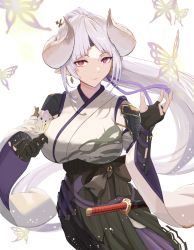 Rule 34 | 1girl, azusa (granblue fantasy), black gloves, bow, breasts, bug, butterfly, draph, earrings, fingerless gloves, gloves, granblue fantasy, hakama, hakama skirt, highres, horns, insect, japanese clothes, jewelry, katana, large breasts, long hair, madori (madori151), pointy ears, ponytail, red eyes, single fingerless glove, skirt, smile, sword, weapon, white hair, wide sleeves