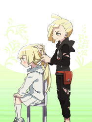 Rule 34 | 1boy, 1girl, :|, beanie, black hoodie, black pants, blonde hair, blunt bangs, blush, braiding hair, brother and sister, closed mouth, creatures (company), game freak, gladion (pokemon), green background, green eyes, hairdressing, hands on own knees, hat, holding another&#039;s hair, hood, hoodie, lillie (pokemon), long hair, looking down, nintendo, own hands together, pants, pleated skirt, pokemon, pokemon sm, shoes, siblings, sitting, skirt, smile, sneakers, torn clothes, torn hoodie, torn pants, ukata, white hoodie, white skirt