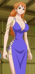 Rule 34 | 1girl, alternate costume, bare legs, bare shoulders, blue dress, bracelet, breasts, brown eyes, cleavage, curvy, dress, grass, highres, jewelry, large breasts, long hair, looking away, nami (one piece), nami (one piece) (post-timeskip), nami (one piece) (zou), official alternate costume, one piece, orange hair, revealing clothes, screencap, short dress, solo, standing, stitched, third-party edit, very long hair, wide hips