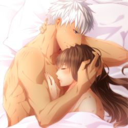 Rule 34 | 10s, 1boy, 1girl, afterglow, aftersex, archer (fate), bite mark, bite marks, brown eyes, brown hair, couple, cuddling, dark skin, dark-skinned male, fate/extra, fate/extra ccc, fate (series), grey eyes, height difference, hetero, hickey, kishinami hakuno (female), long hair, noise2046, nude, scratches, sweat