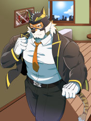 Rule 34 | 1boy, animal ears, bara, beige fur, black jacket, black pants, bulge, facial hair, feet out of frame, formal, furry, furry male, goatee, grausummon, jacket, large pectorals, live a hero, male focus, mask, muscular, muscular male, necktie, open clothes, open jacket, orange fur, pants, pectorals, ryekie (live a hero), shirt, short hair, solo, thick thighs, thighs, tiger boy, tiger ears, walking, white shirt