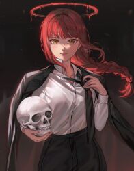 Rule 34 | 1girl, black jacket, black necktie, black pants, braid, braided ponytail, chainsaw man, chikenryice, closed mouth, halo, highres, holding, holding skull, jacket, long hair, long sleeves, looking at viewer, makima (chainsaw man), necktie, pants, red hair, shirt, skull, smile, solo, white shirt, yellow eyes
