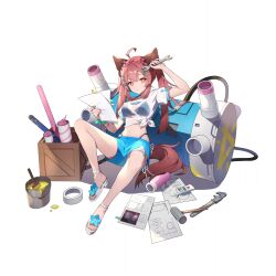 Rule 34 | 1girl, ahoge, animal ear fluff, animal ears, bare arms, bare legs, bikini, blue bikini, blue footwear, blue shorts, blueprint (object), bow, braid, breasts, brown hair, cleavage, crate, eversoul, fireworks, flynn (eversoul), full body, game cg, hair between eyes, hair bow, hair ornament, hairclip, highleg, highleg panties, highres, holding, holding paper, holding wrench, hyena ears, hyena girl, hyena tail, machinery, medium breasts, midriff, navel, non-web source, official alternate costume, official alternate hairstyle, official art, paint, paint can, paintbrush, panties, paper, pink bow, raised eyebrow, reclining, red eyes, sandals, see-through, see-through shirt, shirt, short sleeves, shorts, sidelocks, solo, swimsuit, tachi-e, thigh strap, tied shirt, transparent background, twintails, underwear, white footwear, white shirt, wrench, x x