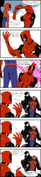 Rule 34 | 2boys, abs, amputee, ass, bodysuit, choker, collar, comic, costume, deadpool, deadpool (series), frown, gesture, gloves, harass, heart, hiding, highres, long image, male focus, marvel, mask, multiple boys, multiple views, muscular, pointing, regeneration, sharp teeth, simple background, spider-man, tall image, tears, teeth, translation request, venom (marvel), white background