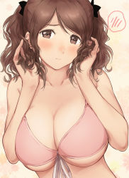 Rule 34 | 1girl, 3:, amagami, bikini, blush, breasts, brown eyes, brown hair, cleavage, closed mouth, collarbone, hands up, large breasts, long hair, looking at viewer, nakata sae, pink bikini, serizawa (serizawaroom), solo, speech bubble, spoken blush, swimsuit, twintails, upper body