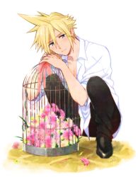 Rule 34 | 1boy, 2019, bad id, bad pixiv id, birdcage, black footwear, black pants, blonde hair, blue eyes, cage, closed mouth, cloud strife, collarbone, collared shirt, dated, dress shirt, final fantasy, final fantasy vii, flower, full body, hair between eyes, krudears, looking at viewer, male focus, medium hair, open clothes, open shirt, pants, pink flower, pink ribbon, ribbon, shirt, solo, spiked hair, white background, white shirt, wing collar