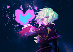 Rule 34 | 1boy, androgynous, ascot, belt, black gloves, black jacket, blue fire, cali (aestromeri), closed mouth, expressionless, fire, gloves, green hair, heart, jacket, lio fotia, long sleeves, male focus, outstretched arm, promare, purple eyes, purple fire, pyrokinesis, short hair, solo, standing, studded belt
