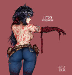 Rule 34 | 1girl, armlet, ass, back, backboob, bandaged arm, bandages, belt, black hair, blood, bloody bandages, blue eyes, breasts, chain, character name, copyright name, dated, denim, english text, from behind, highres, huge ass, jeans, large breasts, lips, long hair, looking at viewer, looking back, original, pants, pantylines, parted lips, red background, scar, scars all over, shiny skin, simple background, skin tight, solo, the golden smurf, thighs, tight clothes, tight pants, tomboy, too many, scars all over, topless, torn clothes, torn pants